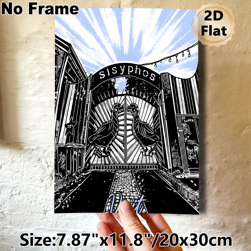 Sisyphos Gate Painting Poster, Monochrome Linocut Style Poster, Stylized Gate With Duck Motifs & Urban Graffiti Details, Striking Art Ideal For Home_maomaolike.com