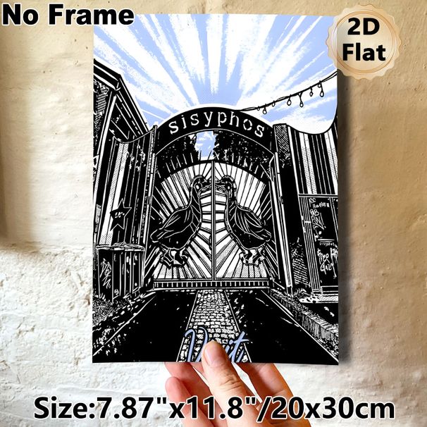 Sisyphos Gate Painting Poster, Monochrome Linocut Style Poster, Stylized Gate With Duck Motifs & Urban Graffiti Details, Striking Art Ideal For Home_maomaolike.com