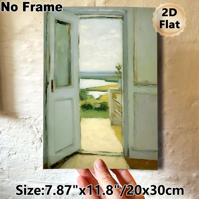 Lakeside Landscape Through Doorway Painting Poster, Soft-toned Impressionist-style Poster, Serene Outdoor Scenery View, Brings Tranquil Ambiance For_maomaolike.com
