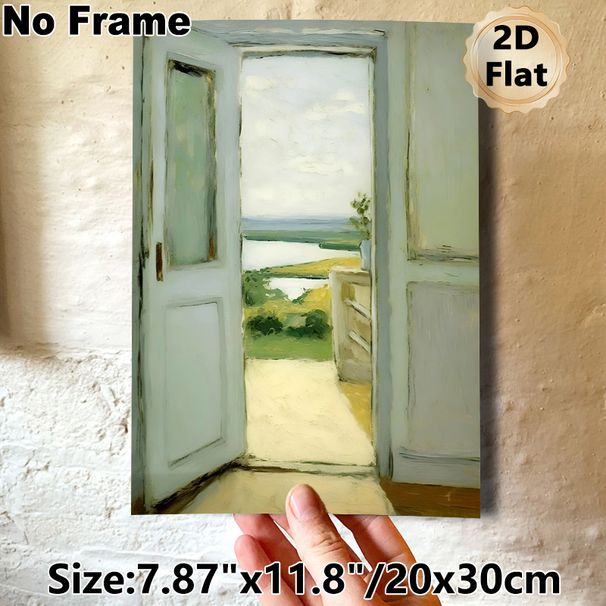 Lakeside Landscape Through Doorway Painting Poster, Soft-toned Impressionist-style Poster, Serene Outdoor Scenery View, Brings Tranquil Ambiance For_maomaolike.com