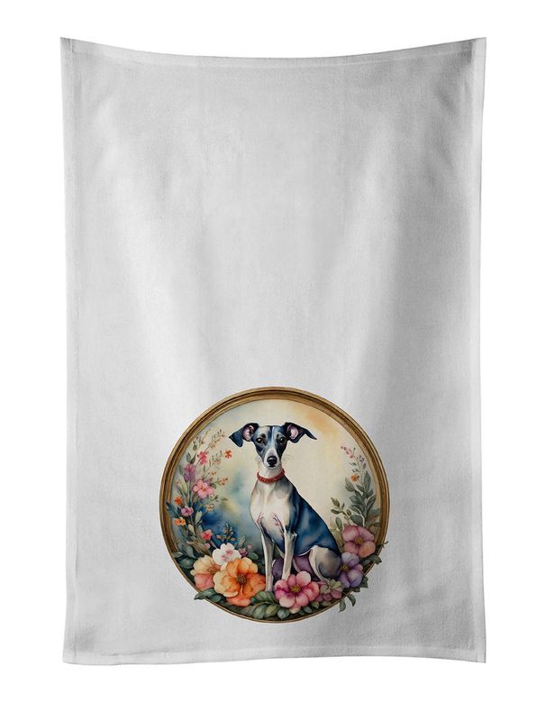 Italian Greyhound And Flowers Kitchen Towel Set Of 2 White Dish Towels Decorative Bathroom Hand Towel For Hand, Face, Hair, Yoga, Tea, Dishcloth, 19 X 28", White_maomaolike.com