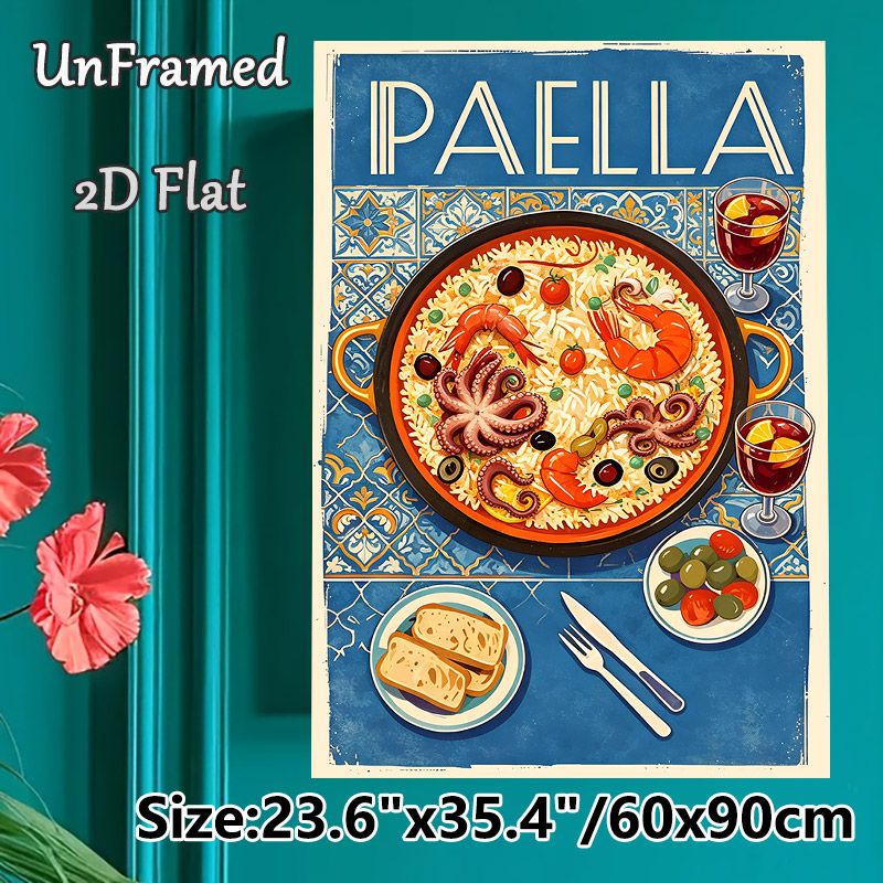 Paella Themed Painting Poster, Vibrant Retro Spanish Cuisine Scene Poster, Appealing Food Artwork To Enhance Dining Ambiance, Ideal For Kitchen And_maomaolike.com