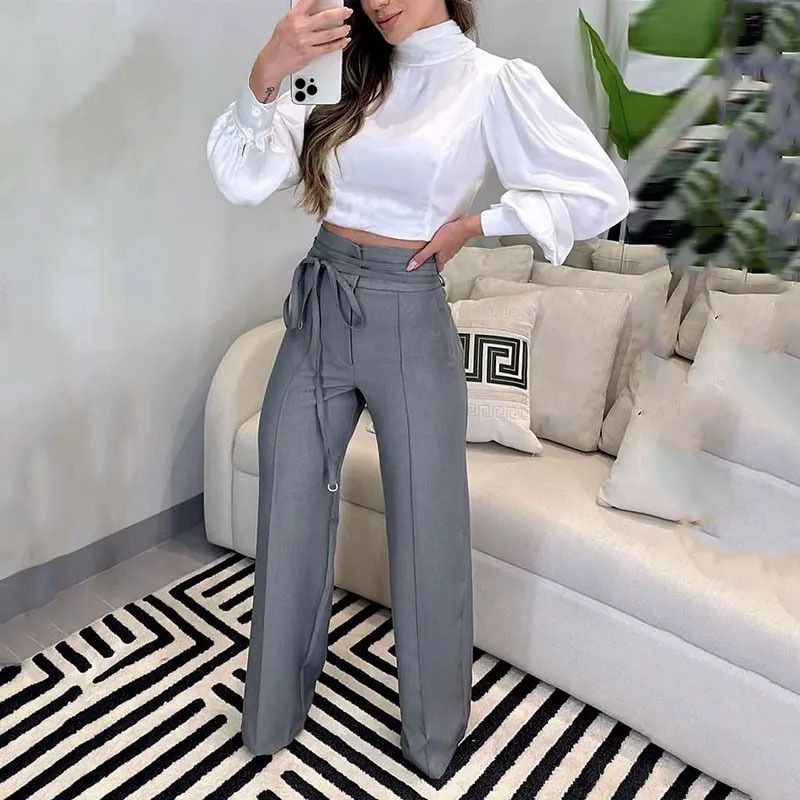 Women's Clothing summer new temperament slim fitting puff sleeve top design drawstring suit pants suit for women_maomaolike.com