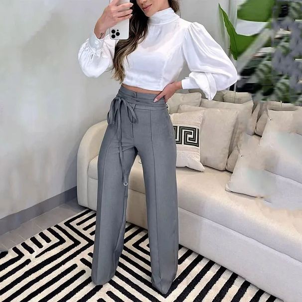 Women's Clothing summer new temperament slim fitting puff sleeve top design drawstring suit pants suit for women_maomaolike.com