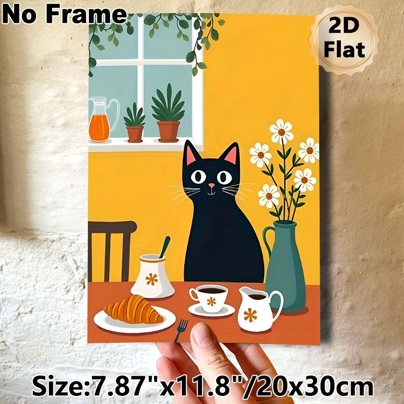 Black Cat & Breakfast Themed Painting Poster, Warm Cute Cartoon Style Poster, Cozy Daily Scene Design Ideal For Kitchen, Dining Room Decor_maomaolike.com