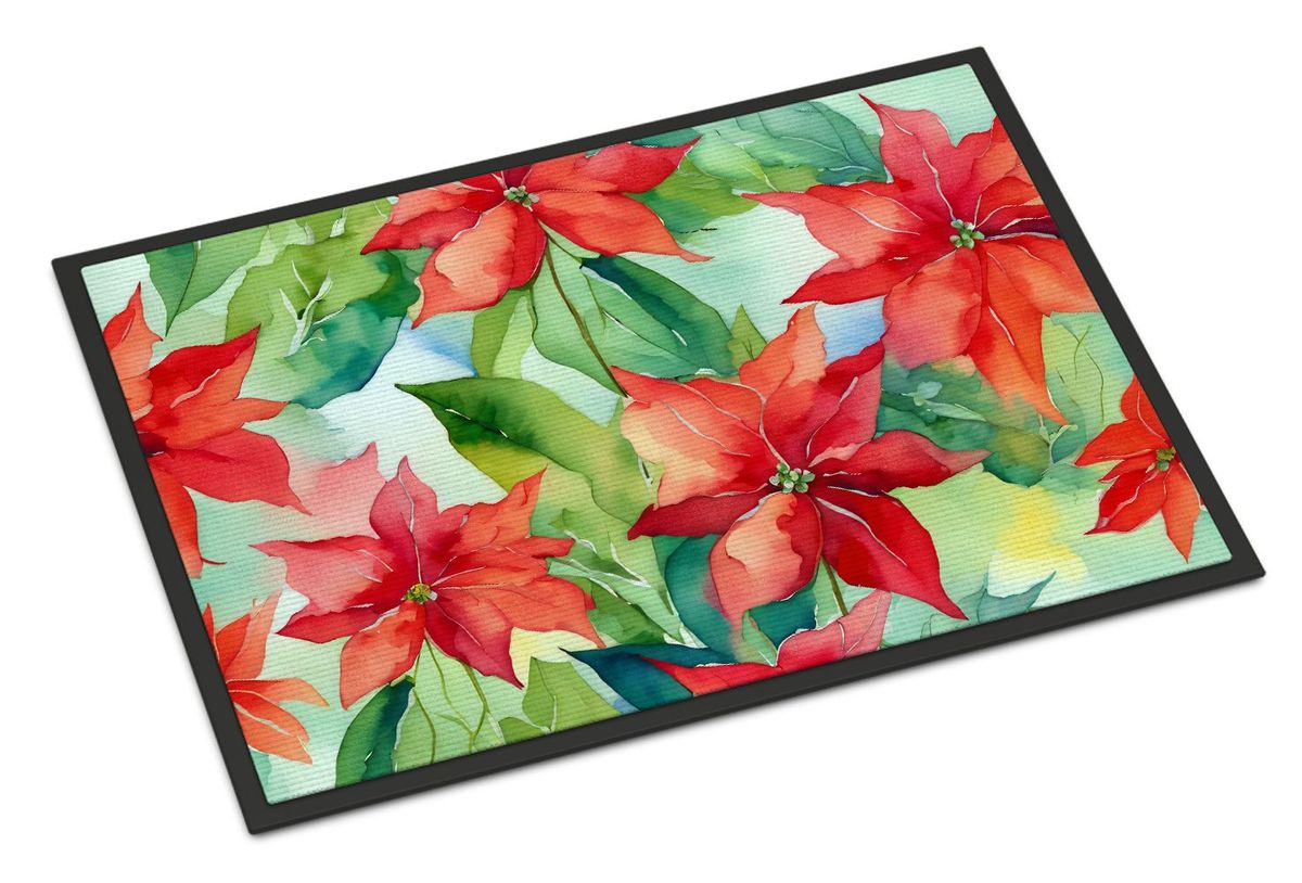Poinsettias In Watercolor Doormat Front Door Mat Indoor Outdoor Rugs For Entryway, Non Slip Washable Low Pile, 24H X 36W_maomaolike.com