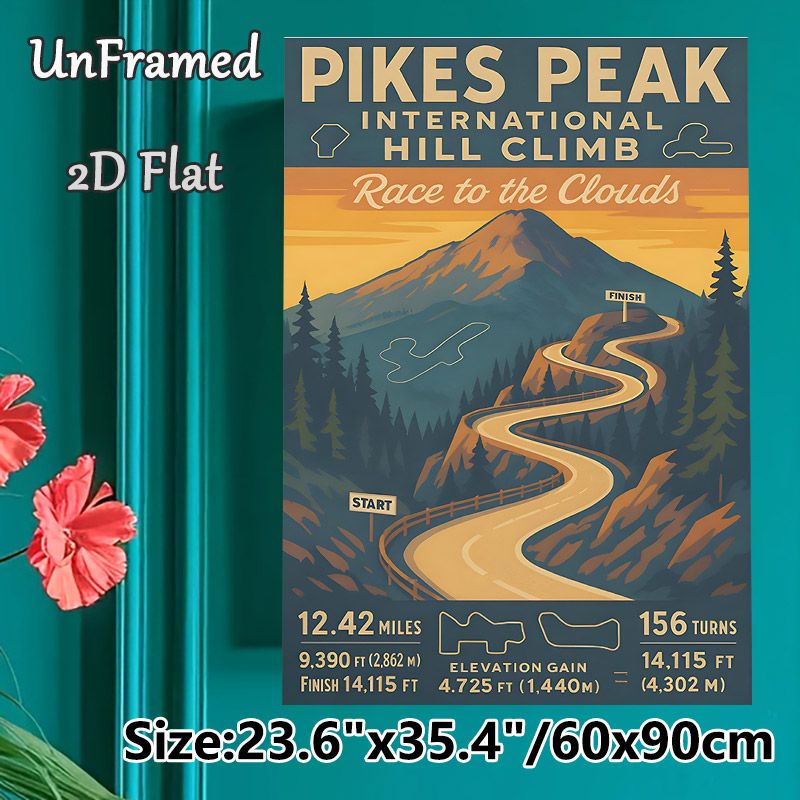 Pikes Peak International Hill Climb Painting Poster, Vintage Retro Mountain Race Track Scene Poster, Racing-themed Wall Decor Ideal For Garage, Living_maomaolike.com