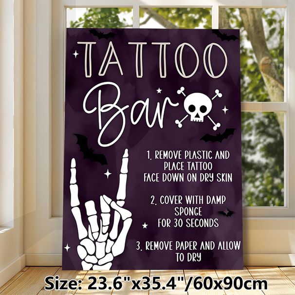 Halloween Tattoo Bar Painting Poster, Dark Purple Watercolor-style Poster, Features Clear Temporary Tattoo Application Steps, Suitable For Halloween_maomaolike.com