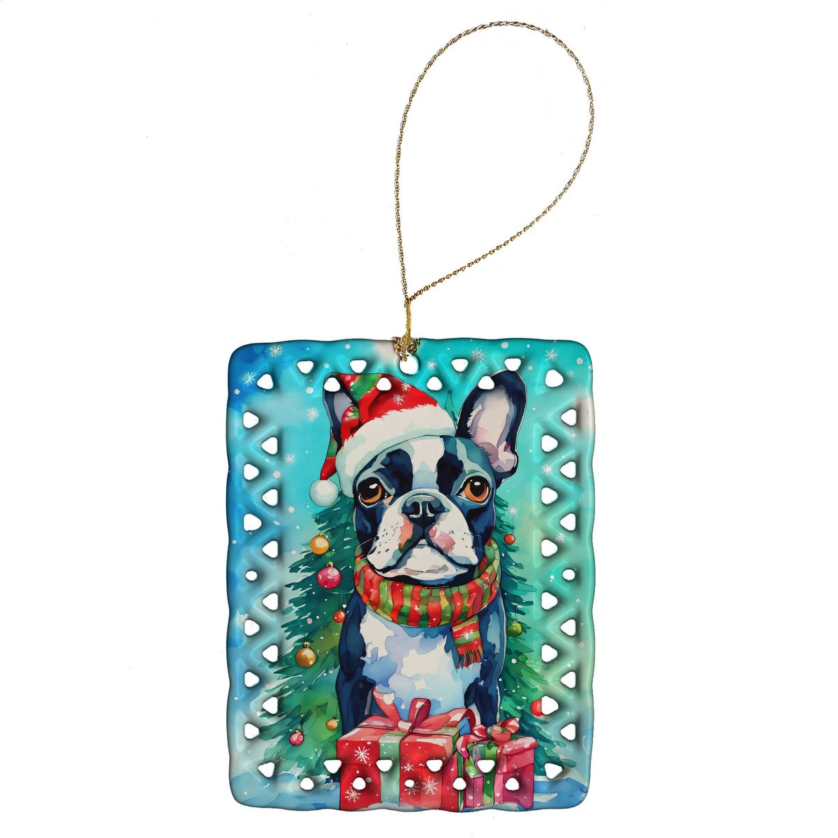 Boston Terrier Christmas Porcelain Ornament Christmas Tree Hanging Decorations For Home Christmas Holiday, Rectangle, Gift, Multicolor_maomaolike.com