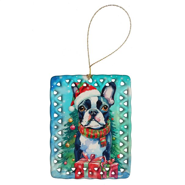 Boston Terrier Christmas Porcelain Ornament Christmas Tree Hanging Decorations For Home Christmas Holiday, Rectangle, Gift, Multicolor_maomaolike.com