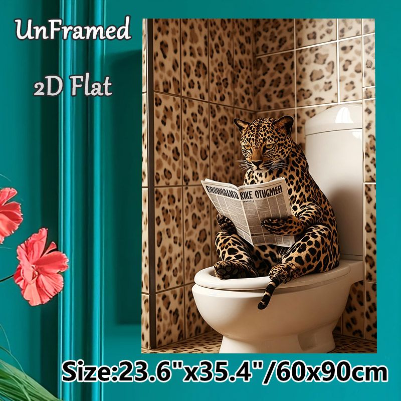 Leopard On Toilet Painting Poster, Whimsical Anthropomorphic Leopard Reading Newspaper Poster, Playful Humorous Decor Option For Bathroom_maomaolike.com