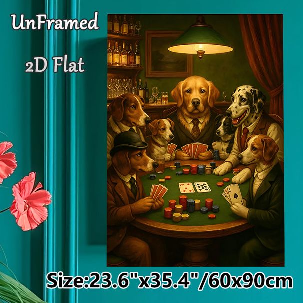 Dogs Playing Poker Painting Poster, Vintage-style Anthropomorphic Dogs Gambling At Table Poster, Whimsical Detailed Decor Ideal For Home Bar, Game_maomaolike.com