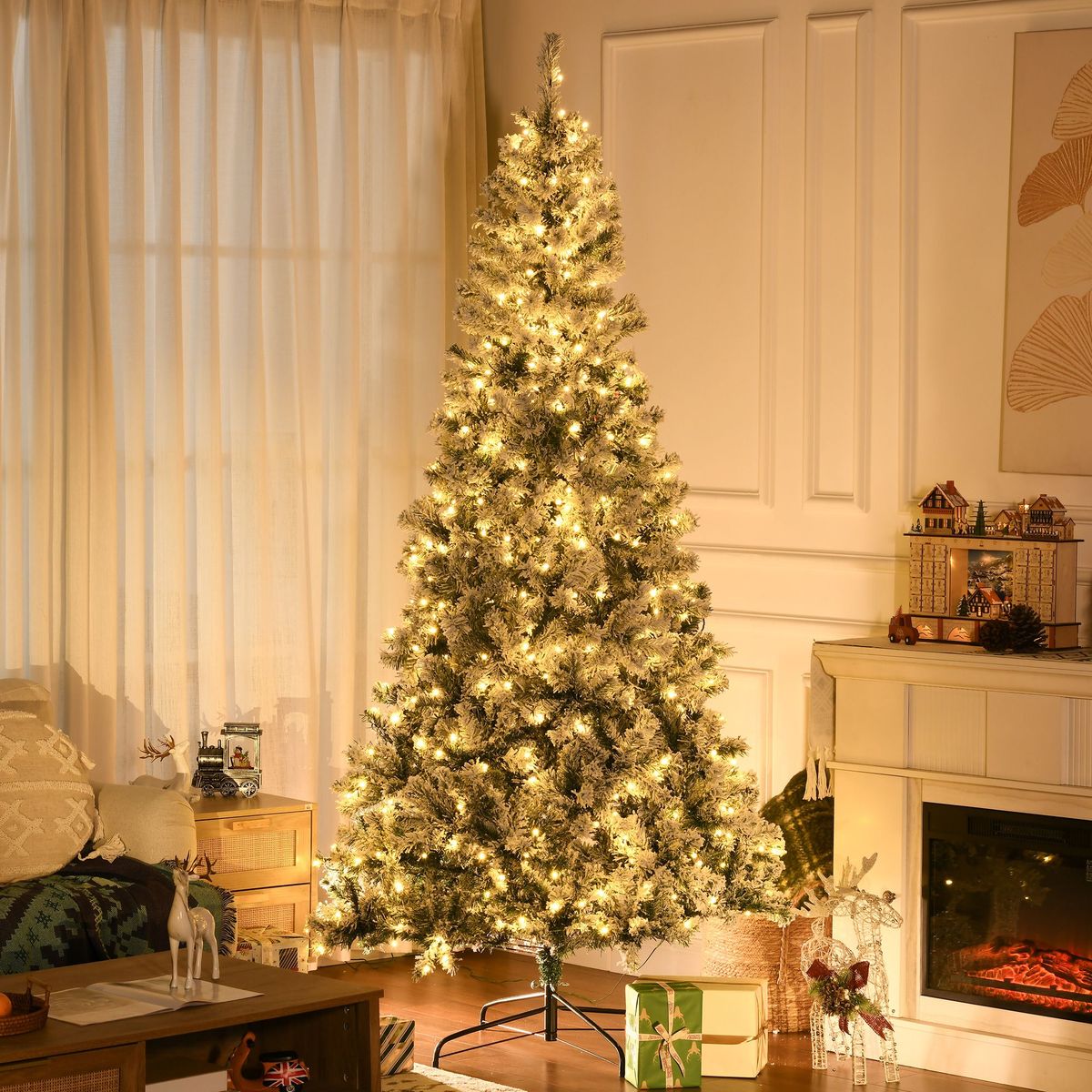 7.5 Ft Tall Pre-lit Artificial Christmas Tree Holiday Décor With 1188 Snow Flocked Branches, 500 Warm White LED Lights, Auto Open, Green_maomaolike.com