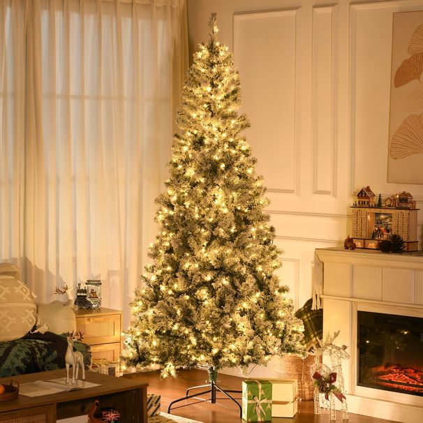 7.5 Ft Tall Pre-lit Artificial Christmas Tree Holiday Décor With 1188 Snow Flocked Branches, 500 Warm White LED Lights, Auto Open, Green_maomaolike.com