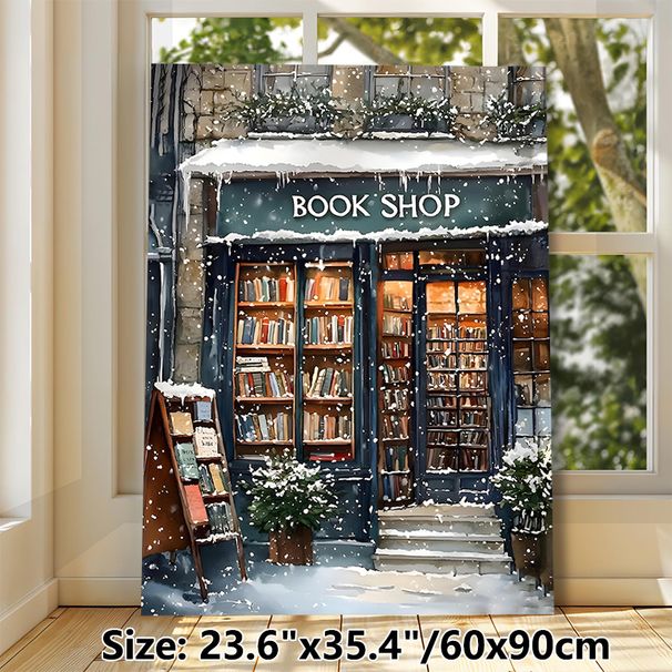 Winter Book Shop Painting Poster, Warm Watercolor Cozy Snow-covered Bookstore Scene Poster, Gentle Winter Ambiance Decor For Living Room, Study_maomaolike.com