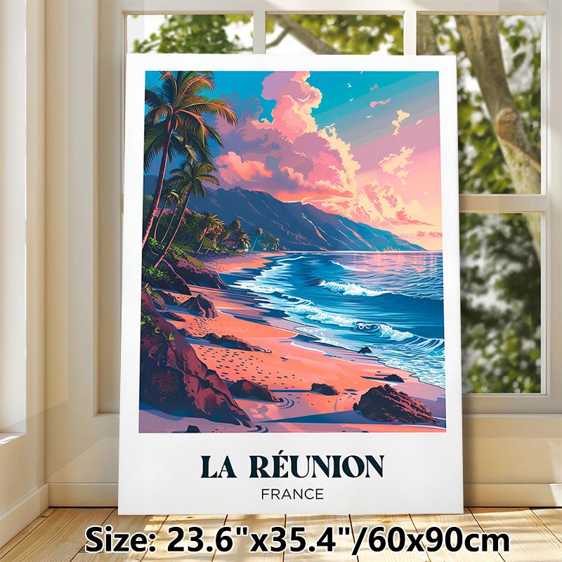 La Reunion Beach Sunset Travel Landscape Painting Poster, Vibrant Retro Tropical Coastal Scene Poster, Brings Serene Tropical Ambiance, Ideal For_maomaolike.com