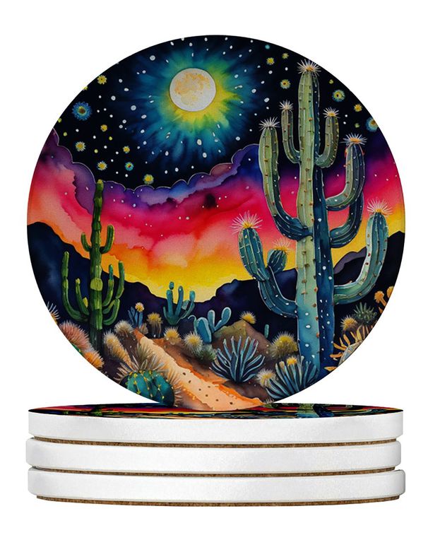 Colorful Queen Of The Night Cactus Large Sandstone Coasters Pack Of 4 Absorbent Round Coasters Decor Gifts For Men Or Women, 4 In, Multicolor_maomaolike.com