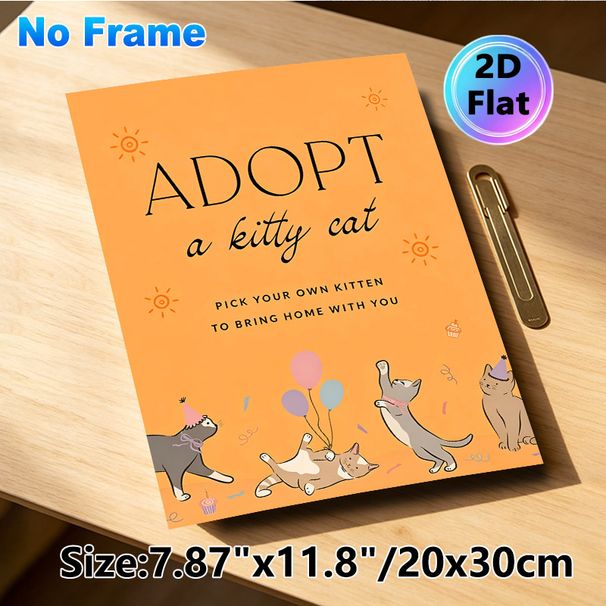 Adopt A Kitty Cat Painting Poster, Cute Cartoon Style Playful Party Kittens With Balloons Poster, Warm Heartwarming Decor Ideal For Pet Adoption_maomaolike.com
