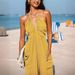 Women's Clothing deep V halterneck sleeveless pleated pocket back tie wide leg cuff long jumpsuit_maomaolike.com