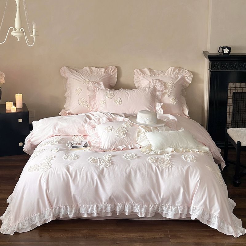 French Princess Style Pure Lace Four-Piece Set Washed Cotton Floral Duvet Cover Bed Sheet Girly Bedding_maomaolike.com