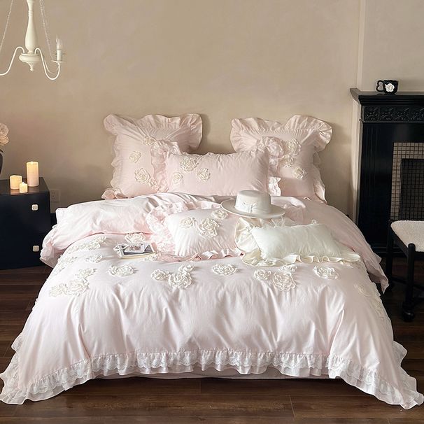 French Princess Style Pure Lace Four-Piece Set Washed Cotton Floral Duvet Cover Bed Sheet Girly Bedding_maomaolike.com