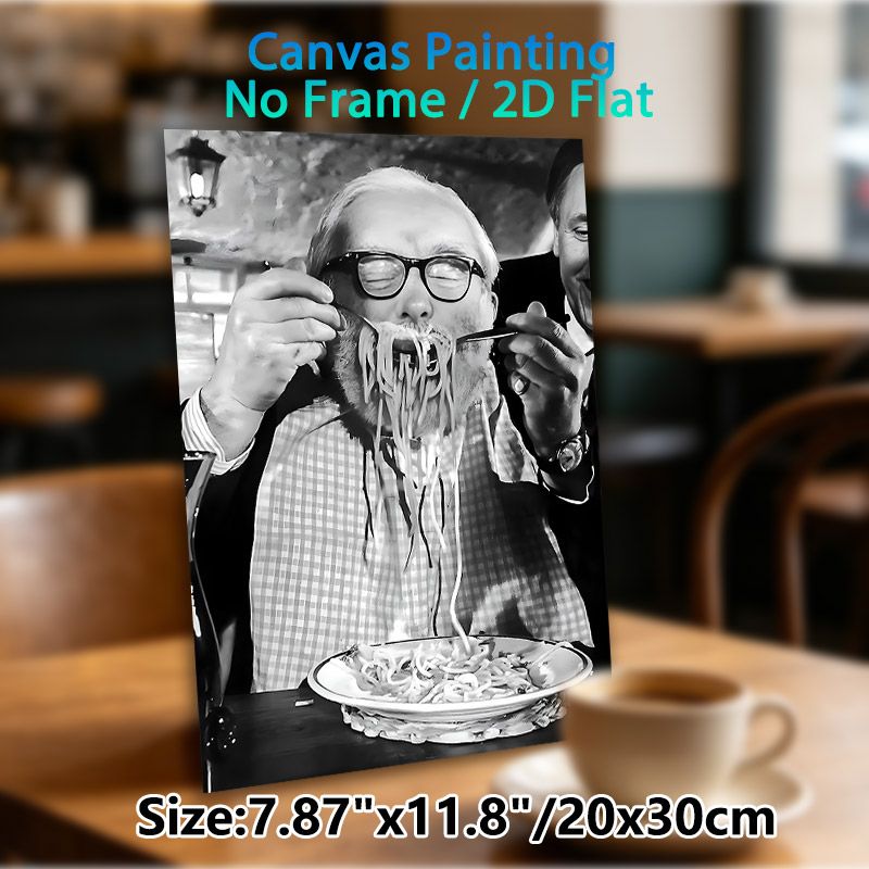 Spaghetti Feasting Painting Poster, Vintage Monochrome Scene Poster, Playful Nostalgic Design Featuring Man Enjoying Messy Spaghetti Feast, Ideal For_maomaolike.com