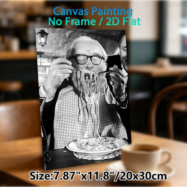 Spaghetti Feasting Painting Poster, Vintage Monochrome Scene Poster, Playful Nostalgic Design Featuring Man Enjoying Messy Spaghetti Feast, Ideal For_maomaolike.com