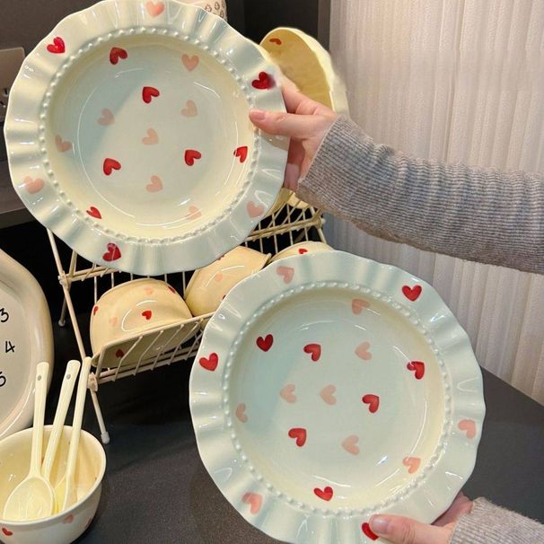 (2-pack) Cream Love Lace Straw Hat Home Deep Plate Vegetable Plate Ceramic Pasta High Beauty Salad Plate_maomaolike.com