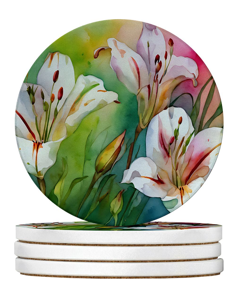 Utah Sego Lilies In Watercolor Large Sandstone Coasters Pack Of 4 Absorbent Round Coasters Decor Gifts For Men Or Women, 4 In, Multicolor_maomaolike.com