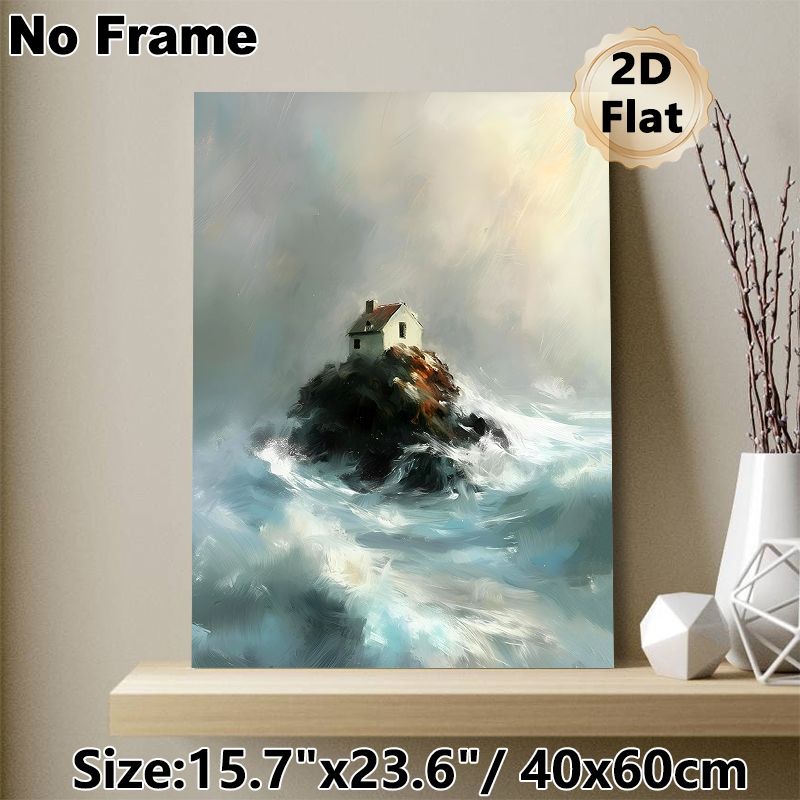 Seaside Cottage On Rock Painting Poster, Soft-toned Impressionist Stormy Sea Scene Poster, Calming Dramatic Coastal Artwork Ideal For Living Room_maomaolike.com