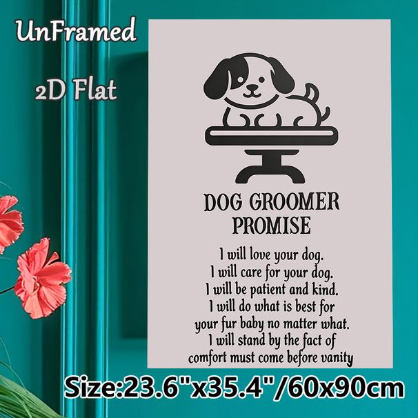 Dog Groomer Promise Painting Poster, Minimalist Black-and-White Cartoon Dog & Text Poster, Warm Pet Care Commitment, Ideal For Pet Grooming Salons_maomaolike.com
