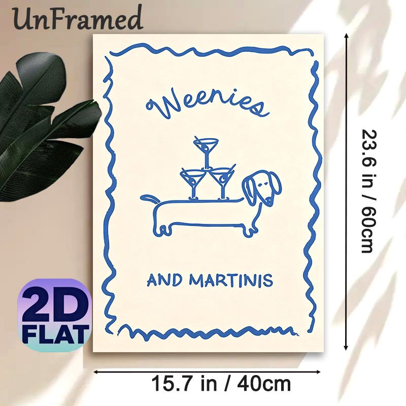 Weenie Dog & Martini Themed Painting Poster, Minimalist Blue Hand-drawn Line Art Poster, Playful Whimsical Decor Idea For Home Bar, Living Room_maomaolike.com