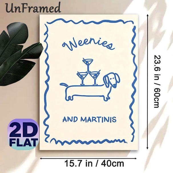 Weenie Dog & Martini Themed Painting Poster, Minimalist Blue Hand-drawn Line Art Poster, Playful Whimsical Decor Idea For Home Bar, Living Room_maomaolike.com