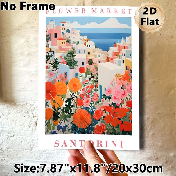 Santorini Flower Market Painting Poster, Vibrant Coastal Town With Lush Blooming Colorful Florals Poster, Delivers Fresh Warm Ambiance, Ideal For_maomaolike.com