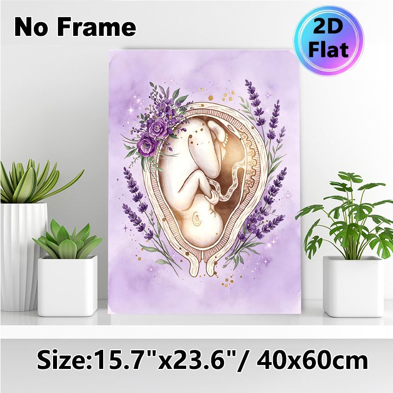 Fetus & Floral Themed Painting Poster, Soft Watercolor Style Poster, Delicate Fetus In Heart-shaped Frame Surrounded By Purple Lavender And Roses_maomaolike.com