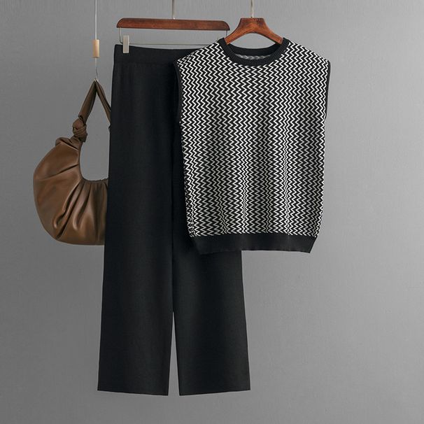 Women's Clothing Fashion suit for women, new sleeveless striped sweater top, two piece suit, high waist straight wide leg pants_maomaolike.com