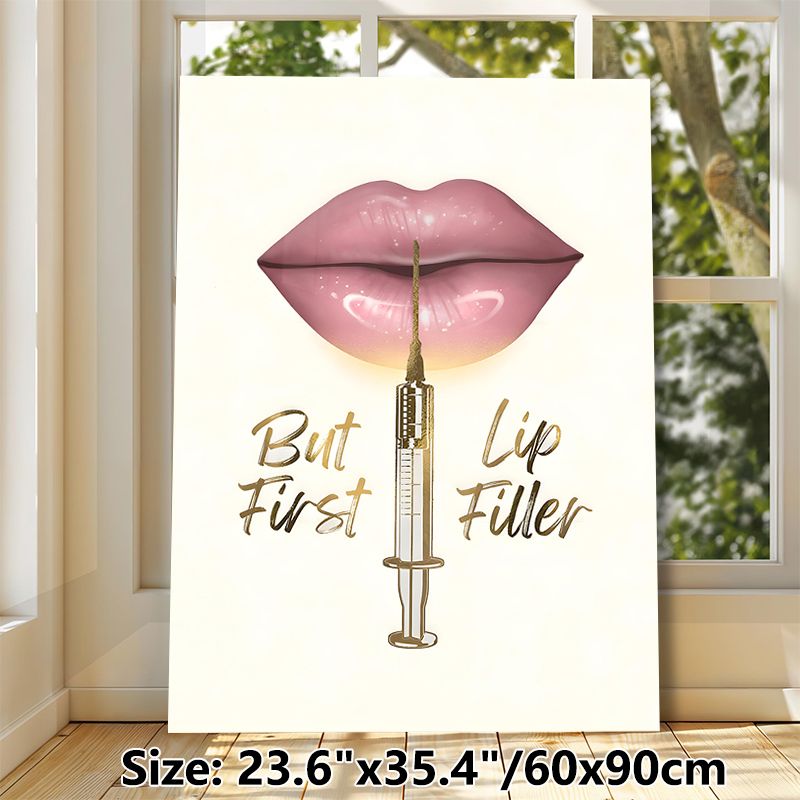 Lip Filler Themed Painting Poster, Glamorous Glossy Pink Lips & Gold Syringe Poster, Stylish Makeup-inspired Decor Suitable For Beauty Salon, Bedroom_maomaolike.com