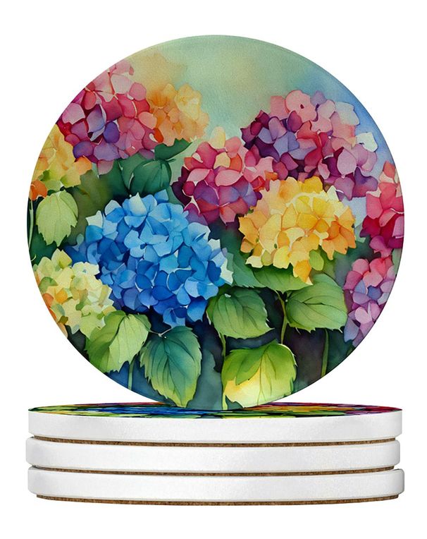 Hydrangeas In Watercolor Large Sandstone Coasters Pack Of 4 Absorbent Round Coasters Decor Gifts For Men Or Women, 4 In, Multicolor_maomaolike.com