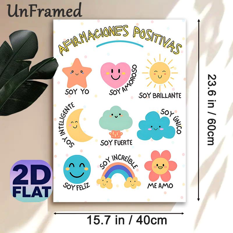 Spanish Positive Affirmations Painting Poster, Pastel Cute Cartoon Style Poster, Uplifting Spanish Positive Phrases With Cheerful Illustrated Icons_maomaolike.com