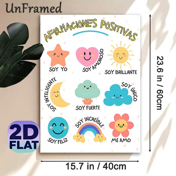 Spanish Positive Affirmations Painting Poster, Pastel Cute Cartoon Style Poster, Uplifting Spanish Positive Phrases With Cheerful Illustrated Icons_maomaolike.com