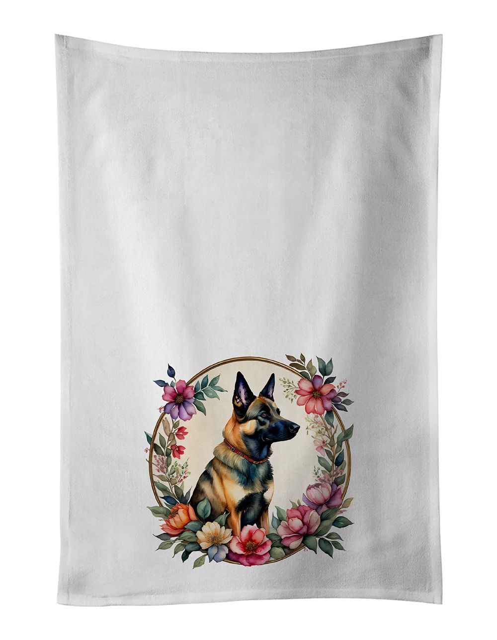 Belgian Malinois And Flowers Kitchen Towel Set Of 2 White Dish Towels Decorative Bathroom Hand Towel For Hand, Face, Hair, Yoga, Tea, Dishcloth, 19 X 28", White_maomaolike.com