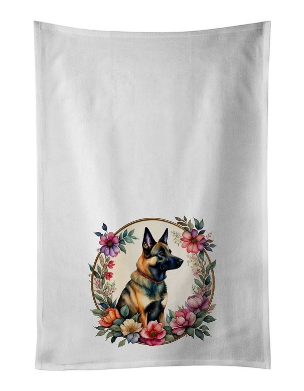 Belgian Malinois And Flowers Kitchen Towel Set Of 2 White Dish Towels Decorative Bathroom Hand Towel For Hand, Face, Hair, Yoga, Tea, Dishcloth, 19 X 28", White_maomaolike.com