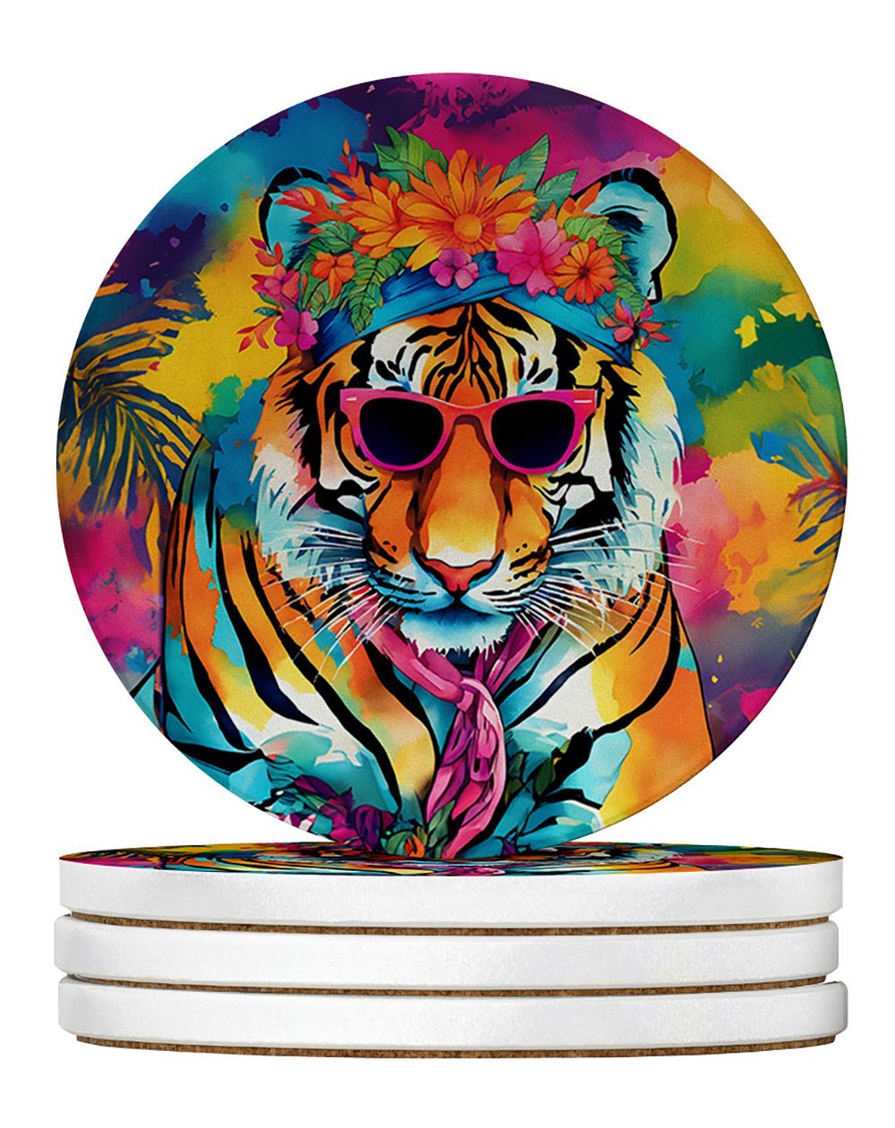 Hippie Animal Bengal Tiger Large Sandstone Coasters Pack Of 4 Absorbent Round Coasters Decor Gifts For Men Or Women, 4 In, Multicolor_maomaolike.com