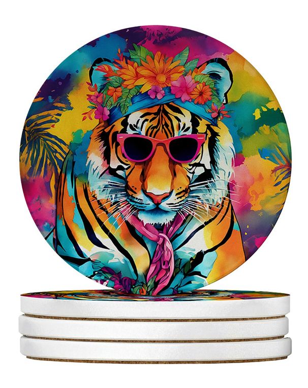 Hippie Animal Bengal Tiger Large Sandstone Coasters Pack Of 4 Absorbent Round Coasters Decor Gifts For Men Or Women, 4 In, Multicolor_maomaolike.com