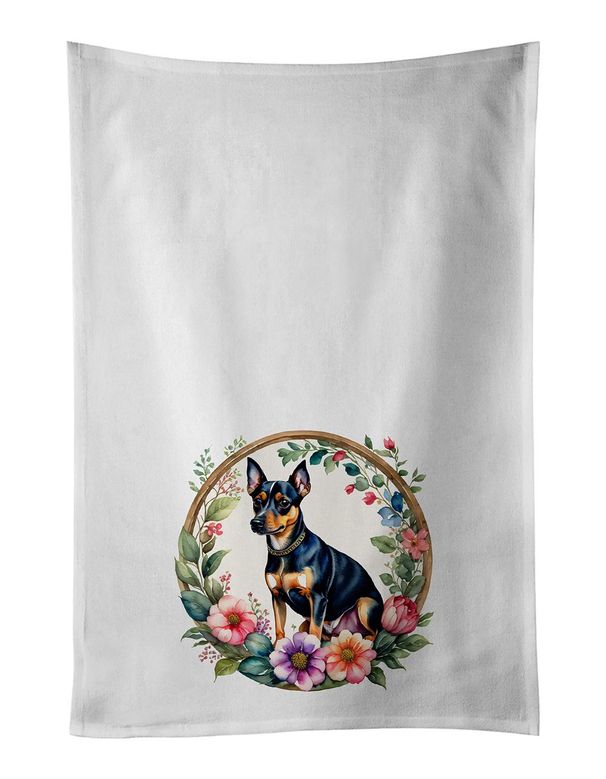 Miniature Pinscher And Flowers Kitchen Towel Set Of 2 White Dish Towels Decorative Bathroom Hand Towel For Hand, Face, Hair, Yoga, Tea, Dishcloth, 19 X 28", White_maomaolike.com