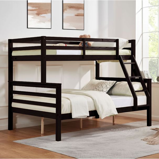 Twin Over Full Bunk Bed With Thick Posts,Wooden Bunk Bed With High Guardrail And Ladder For Kids, Teens, Dorm Rooms, And Guest Rooms,No Box Spring Needed,Espresso_maomaolike.com