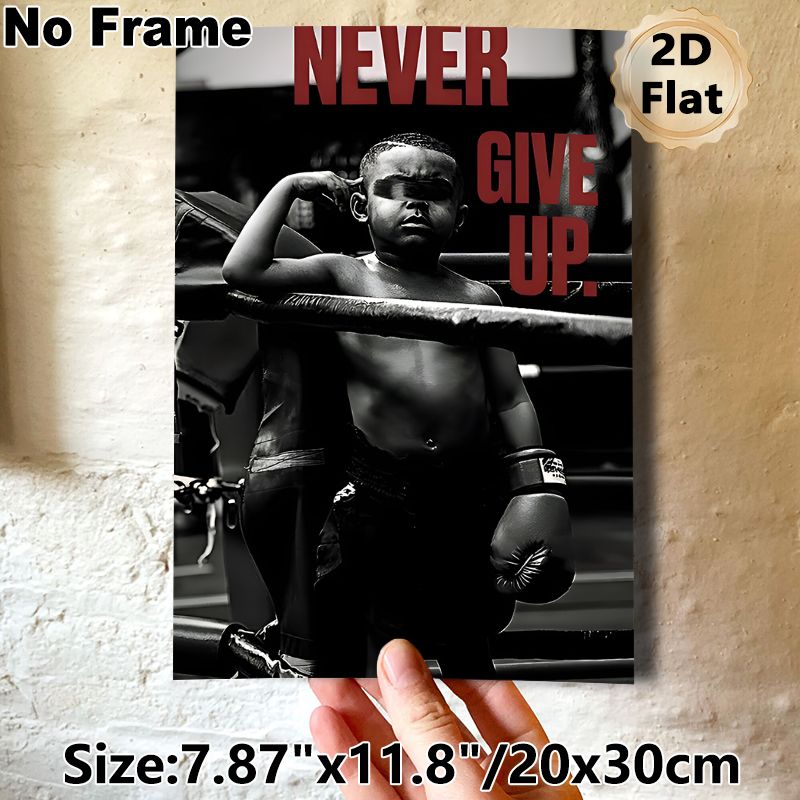 Motivational Boxing Themed Painting Poster, Monochrome Dramatic Boxer In Ring With Bold "Never Give Up" Text Poster, Inspirational Wall Decor Suitable_maomaolike.com