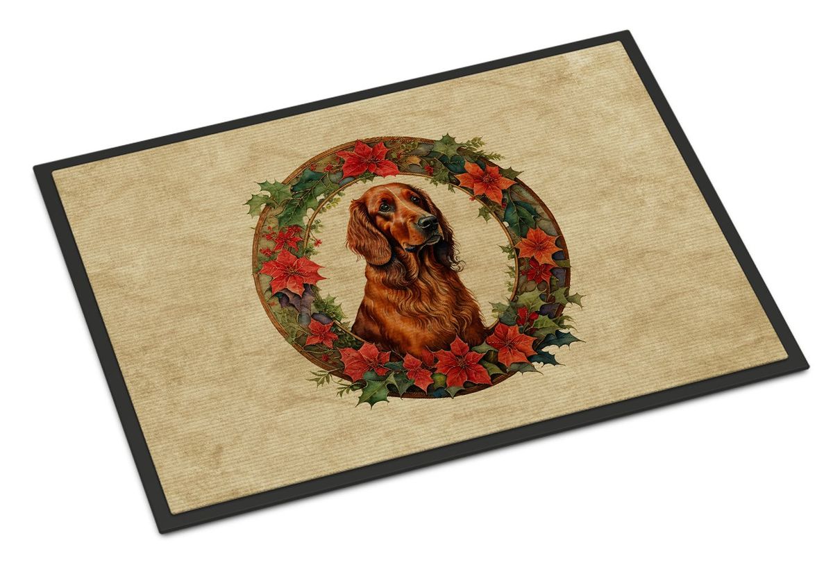 Irish Setter Christmas Flowers Doormat Front Door Mat Indoor Outdoor Rugs For Entryway, Non Slip Washable Low Pile, 24H X 36W_maomaolike.com