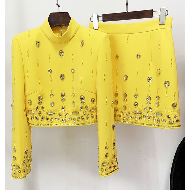 Women's Clothing celebrity fashion new heavy beaded diamond short top skirt suit two piece suit_maomaolike.com