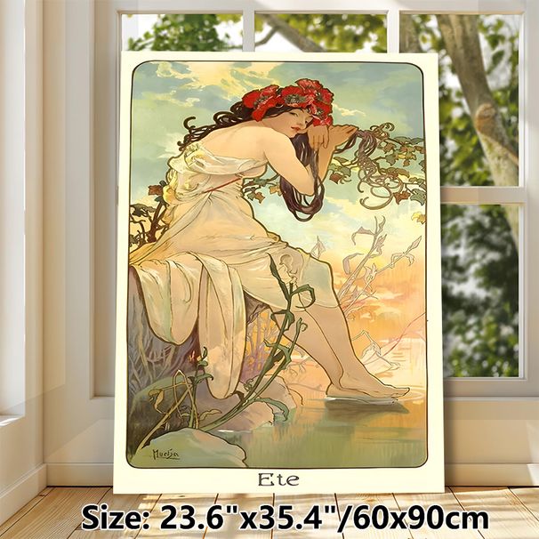 Summer Maiden Painting Poster, Elegant Art Nouveau Style Poster, Graceful Maiden With Red Floral Crown By Waterside, Delicate Vintage Decor Ideal For_maomaolike.com